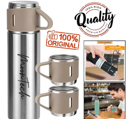 Vacuum Flask Set Bottle with 3 Cups for Tea or Coffee,304 Stainless Steel, BPA Free/Automotive Travel Mug, Perfect for Hot and Cold Drinks, Vacuum Flask Set(Black, 500ml)