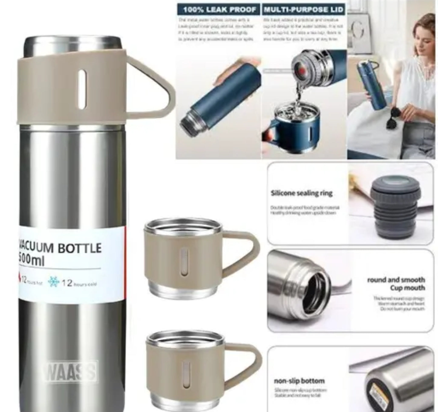 Vacuum Flask Set Bottle with 3 Cups for Tea or Coffee,304 Stainless Steel, BPA Free/Automotive Travel Mug, Perfect for Hot and Cold Drinks, Vacuum Flask Set(Black, 500ml)