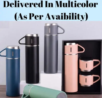 Vacuum Flask Set Bottle with 3 Cups for Tea or Coffee,304 Stainless Steel, BPA Free/Automotive Travel Mug, Perfect for Hot and Cold Drinks, Vacuum Flask Set(Black, 500ml)